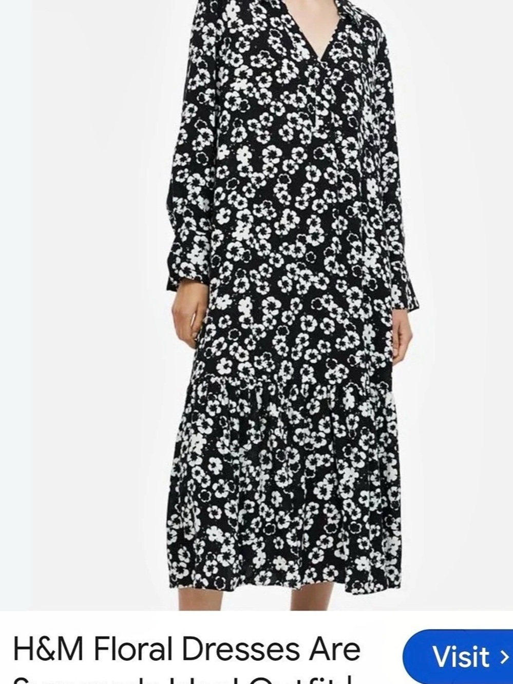 H&Medium Viscose Shirt Dress Floral Midi Dress in Black & White Size Medium